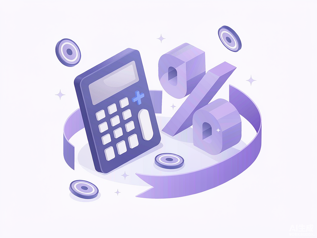 Illustration of a calculator, percent symbol and coins